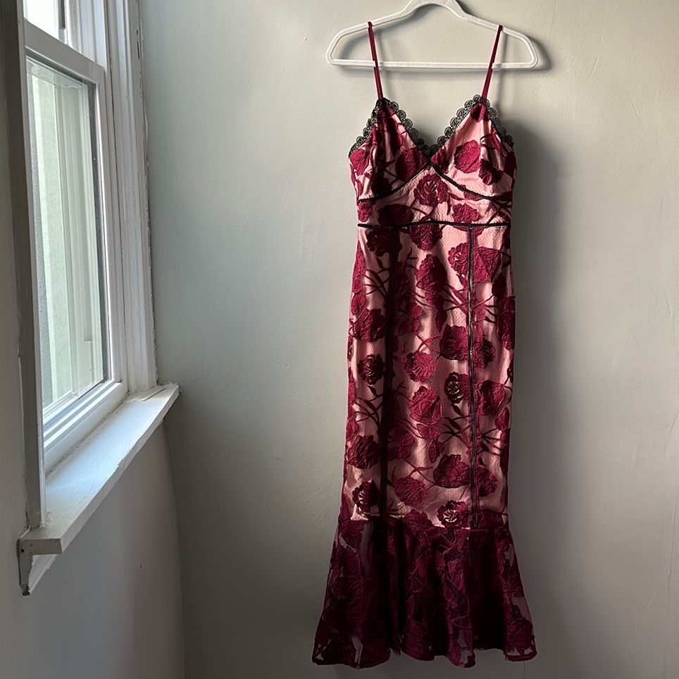 alluring dream burgundy floral mesh lace trumpet midi dress Burgundy Midi Dress - Trumpet Dress - Floral Lace Dress